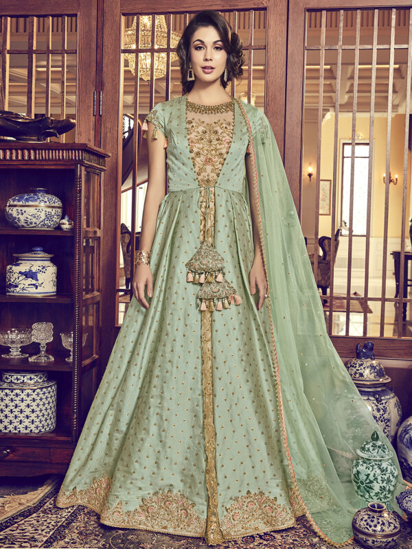 Stylee Lifestyle Green Raw Silk Embroidered Dress Material