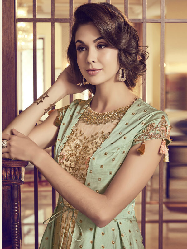 Stylee Lifestyle Green Raw Silk Embroidered Dress Material