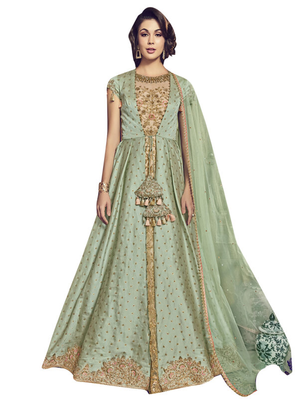 Stylee Lifestyle Green Raw Silk Embroidered Dress Material