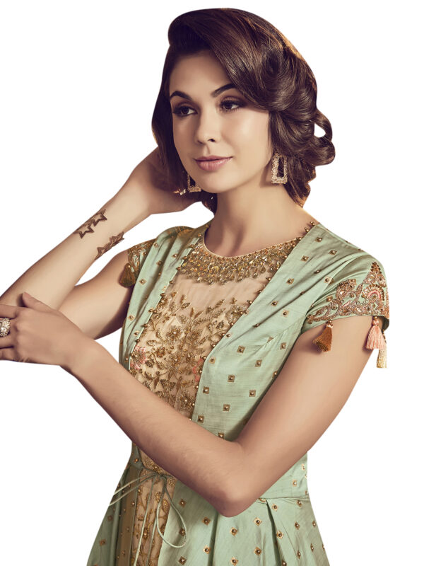 Stylee Lifestyle Green Raw Silk Embroidered Dress Material