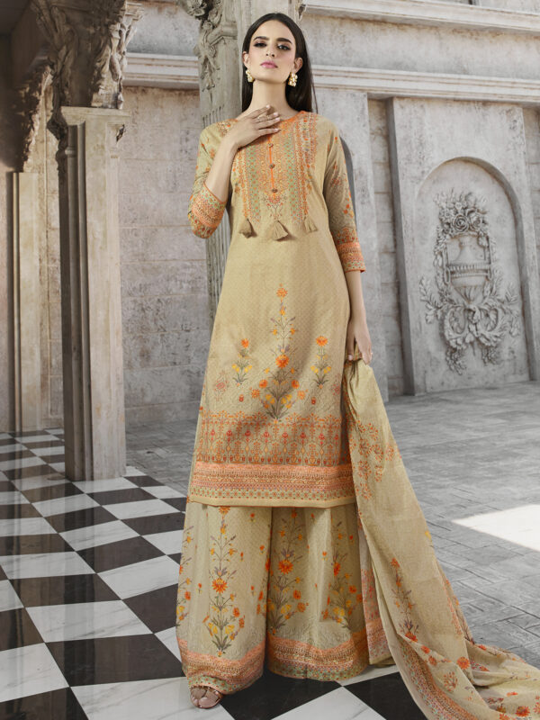 Stylee Lifestyle Beige Cotton Printed Dress Material