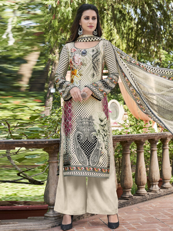 Stylee Lifestyle Beige Satin Printed Dress Material