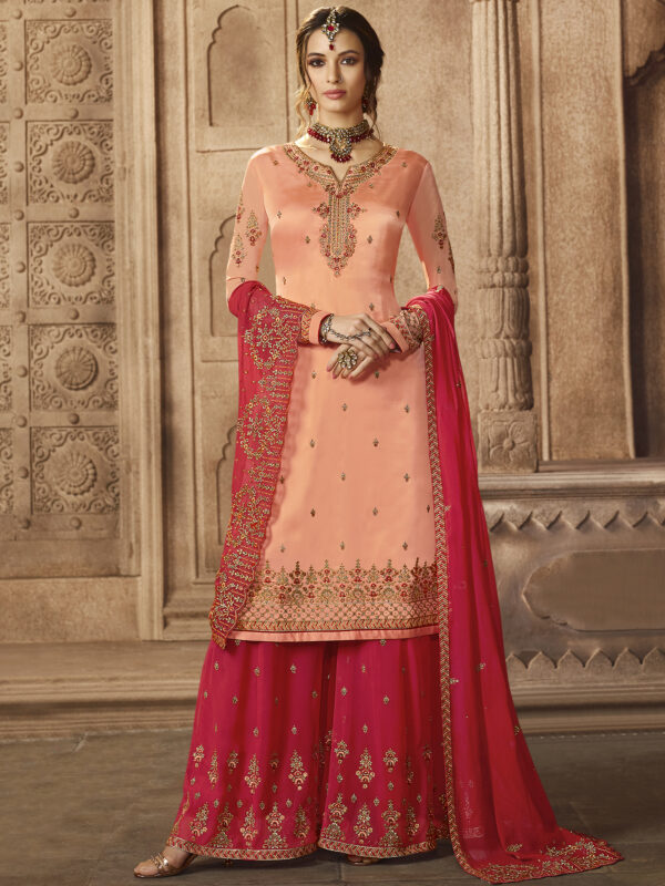 Stylee Lifestyle Peach Satin Embroidered Dress Material