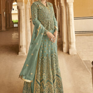 Stylee Lifestyle Teal Net Embroidered Dress Material