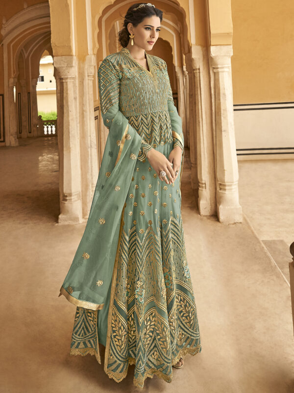 Stylee Lifestyle Teal Net Embroidered Dress Material