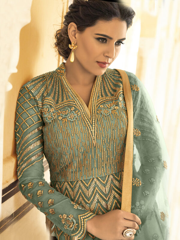 Stylee Lifestyle Teal Net Embroidered Dress Material