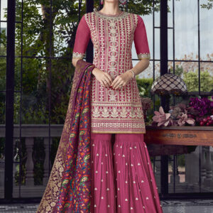 Stylee Lifestyle Magenta Chanderi Silk Embroidered Dress Material