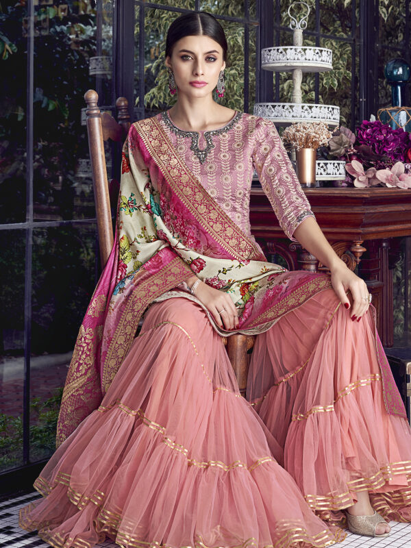 Stylee Lifestyle Pink Chanderi Silk Embroidered Dress Material