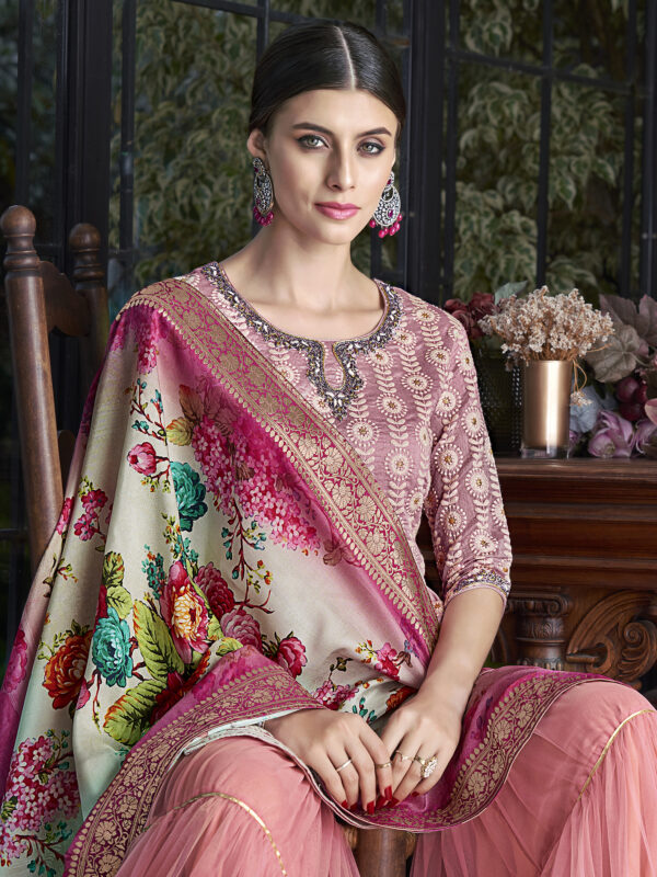 Stylee Lifestyle Pink Chanderi Silk Embroidered Dress Material