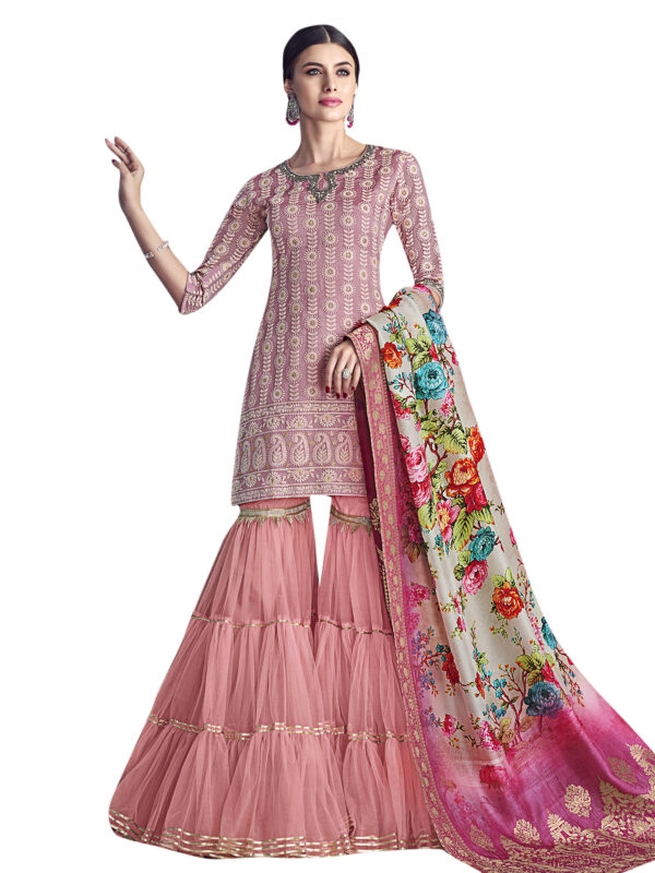Stylee Lifestyle Pink Chanderi Silk Embroidered Dress Material