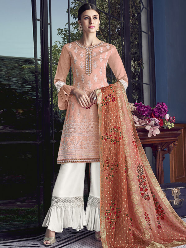 Peach Chanderi Silk Embroidered Dress Material – ElegantFashionWear.in