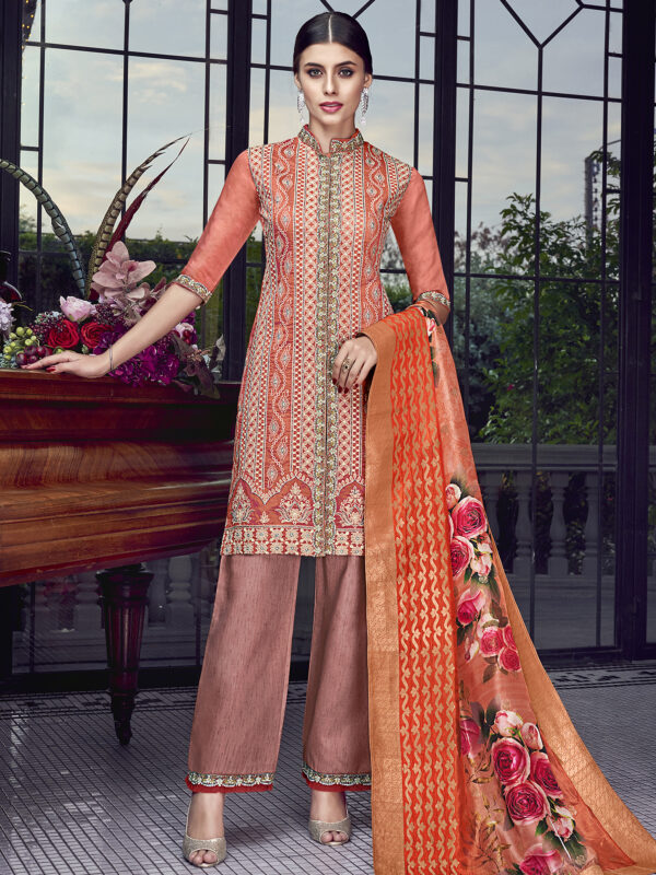 Stylee Lifestyle Rust Chanderi Silk Embroidered Dress Material