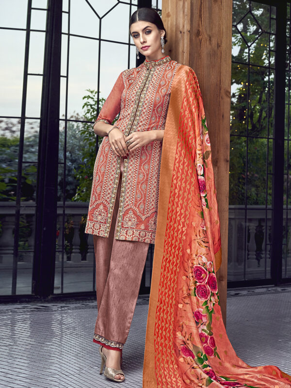 Stylee Lifestyle Rust Chanderi Silk Embroidered Dress Material