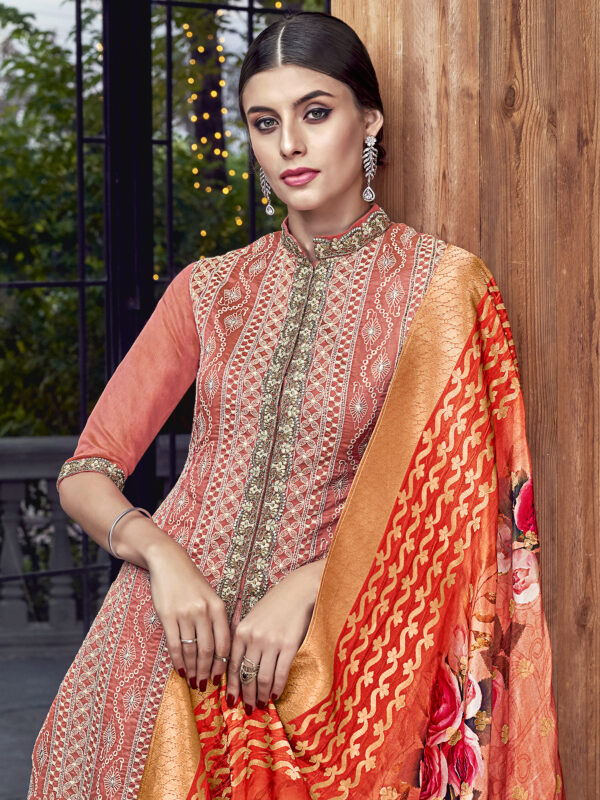 Stylee Lifestyle Rust Chanderi Silk Embroidered Dress Material