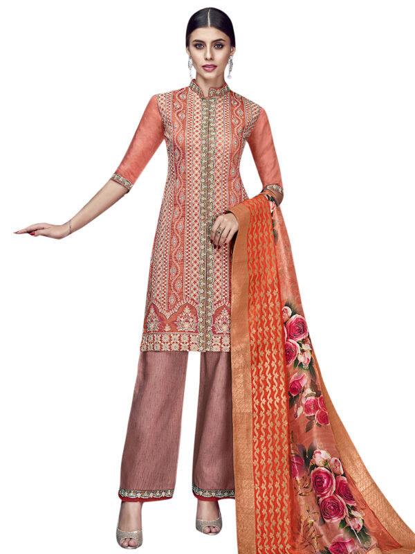 Stylee Lifestyle Rust Chanderi Silk Embroidered Dress Material