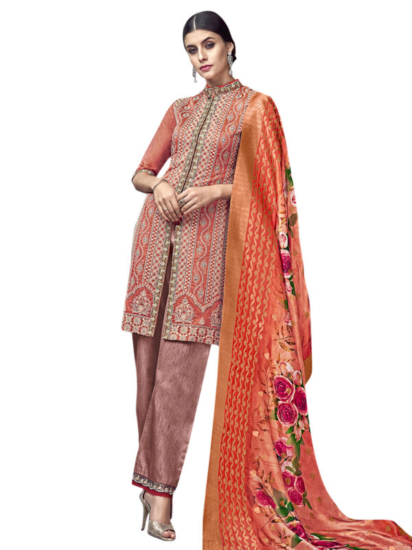 Stylee Lifestyle Rust Chanderi Silk Embroidered Dress Material