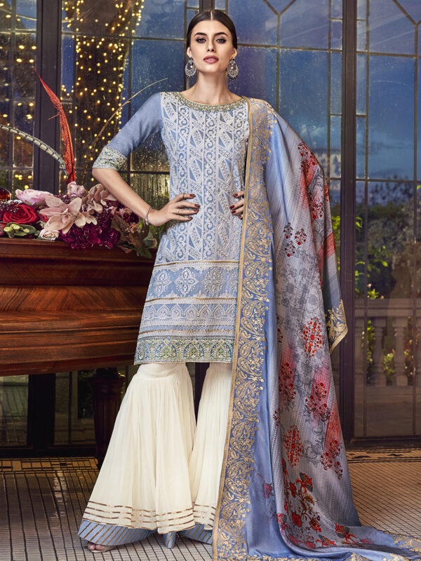 Stylee Lifestyle Sky Blue Chanderi Silk Embroidered Dress Material