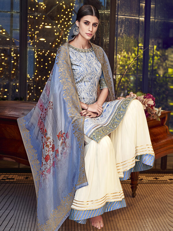 Stylee Lifestyle Sky Blue Chanderi Silk Embroidered Dress Material