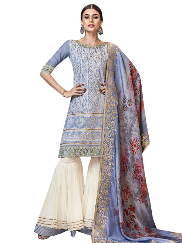 Stylee Lifestyle Sky Blue Chanderi Silk Embroidered Dress Material