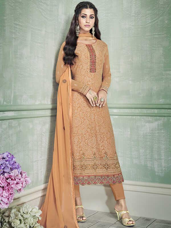 Stylee Lifestyle Orange Georgette Embroidered Dress Material