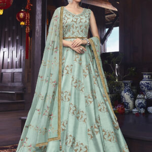 Stylee Lifestyle Turquoise Raw Silk Embroidered Dress Material