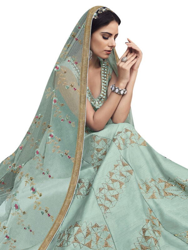 Stylee Lifestyle Turquoise Raw Silk Embroidered Dress Material