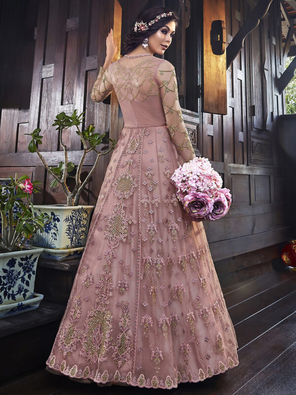 Pink anarkali gown featuring in net with stone embroidered neckline