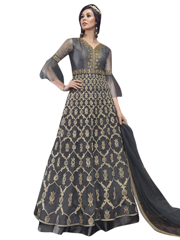 Stylee Lifestyle Grey Net Embroidered Dress Material