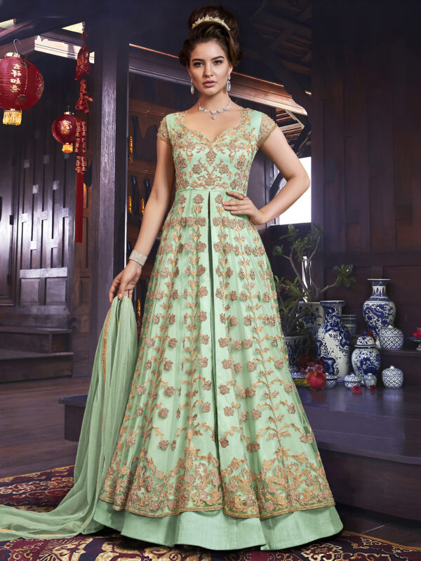 Stylee Lifestyle Green Net Embroidered Dress Material