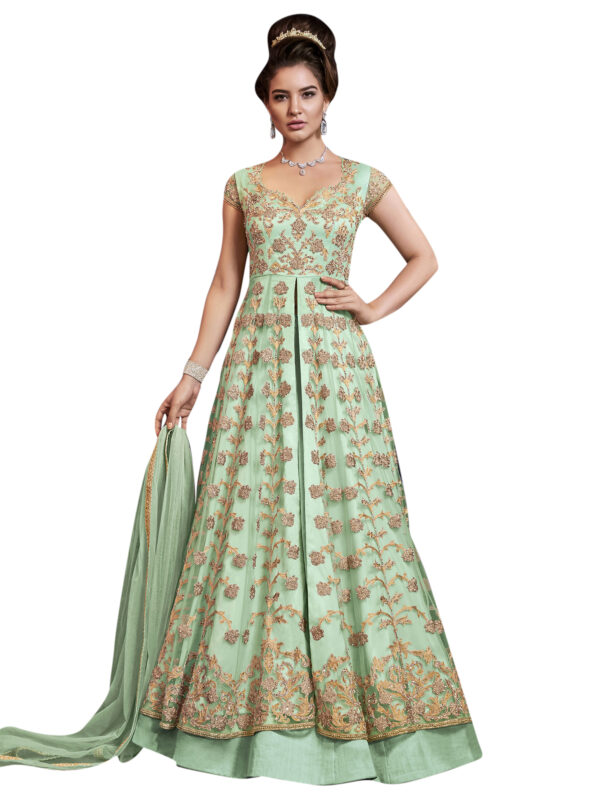 Stylee Lifestyle Green Net Embroidered Dress Material