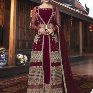 Stylee Lifestyle Maroon Net Embroidered Dress Material