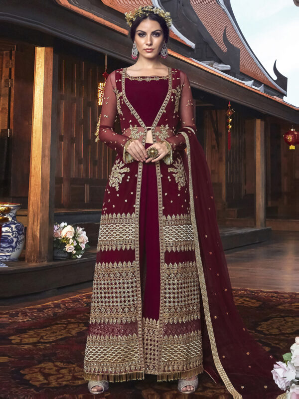 Stylee Lifestyle Maroon Net Embroidered Dress Material