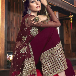 Stylee Lifestyle Maroon Net Embroidered Dress Material