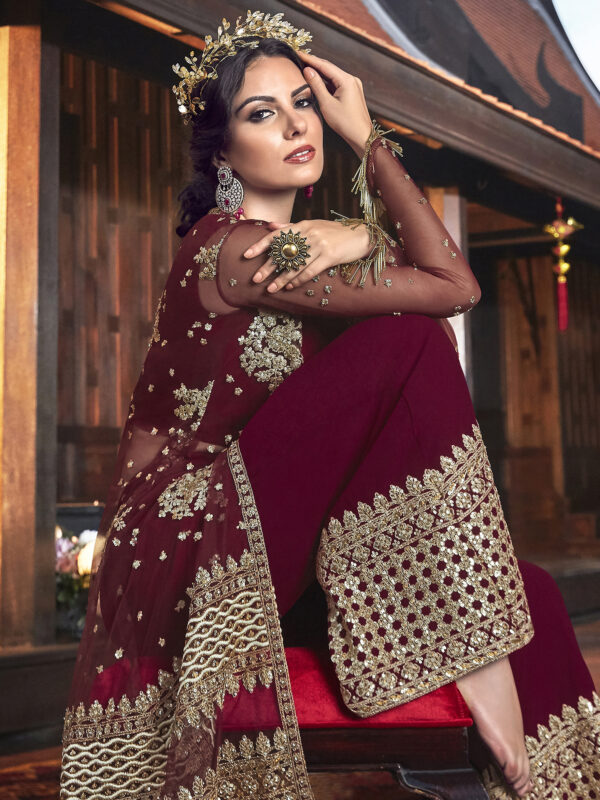 Stylee Lifestyle Maroon Net Embroidered Dress Material