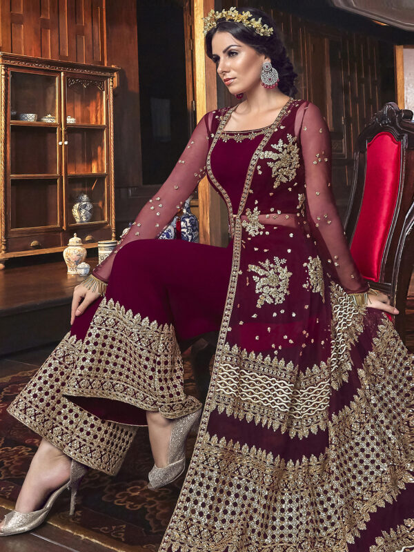 Stylee Lifestyle Maroon Net Embroidered Dress Material