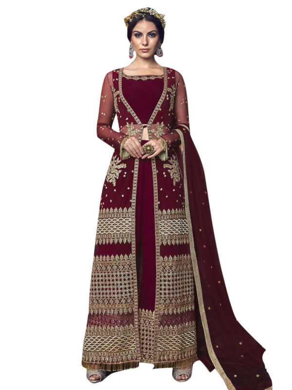 Stylee Lifestyle Maroon Net Embroidered Dress Material