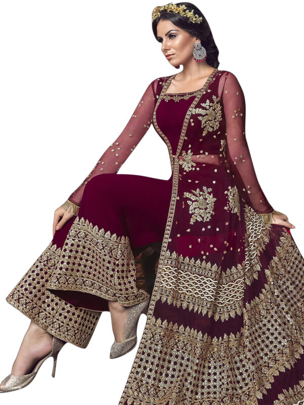 Stylee Lifestyle Maroon Net Embroidered Dress Material