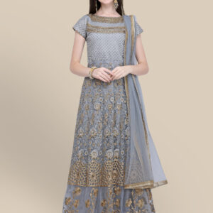 Stylee Lifestyle Grey Net Embroidered Dress Material