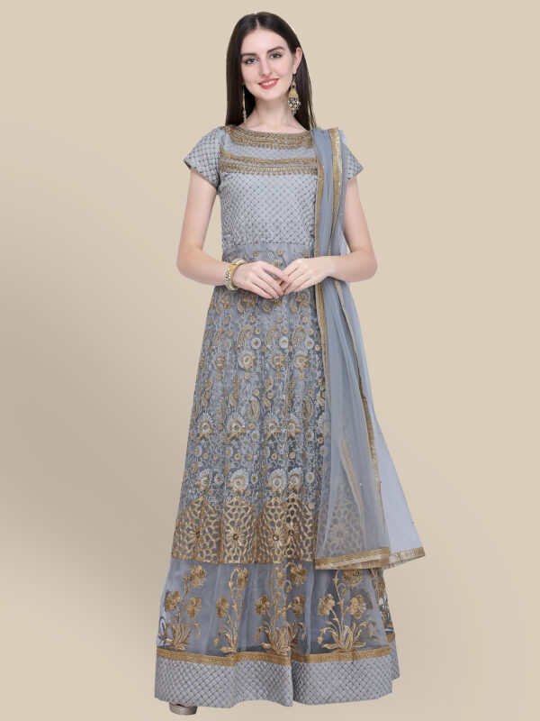 Stylee Lifestyle Grey Net Embroidered Dress Material