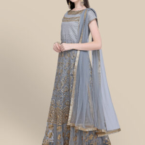 Stylee Lifestyle Grey Net Embroidered Dress Material