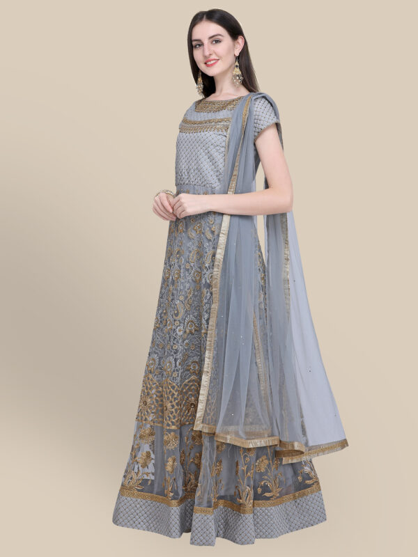 Stylee Lifestyle Grey Net Embroidered Dress Material