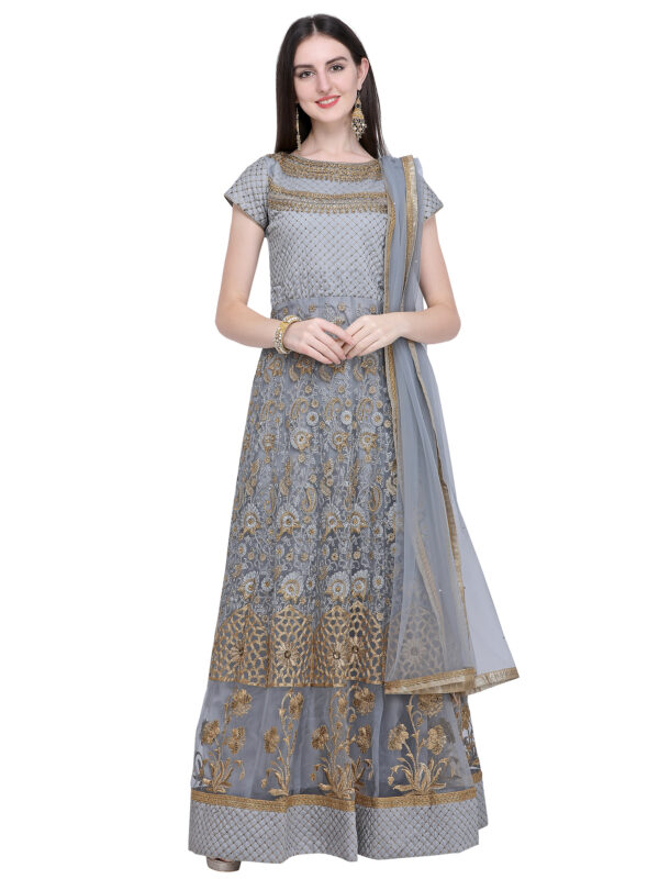 Stylee Lifestyle Grey Net Embroidered Dress Material