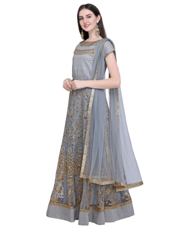 Stylee Lifestyle Grey Net Embroidered Dress Material