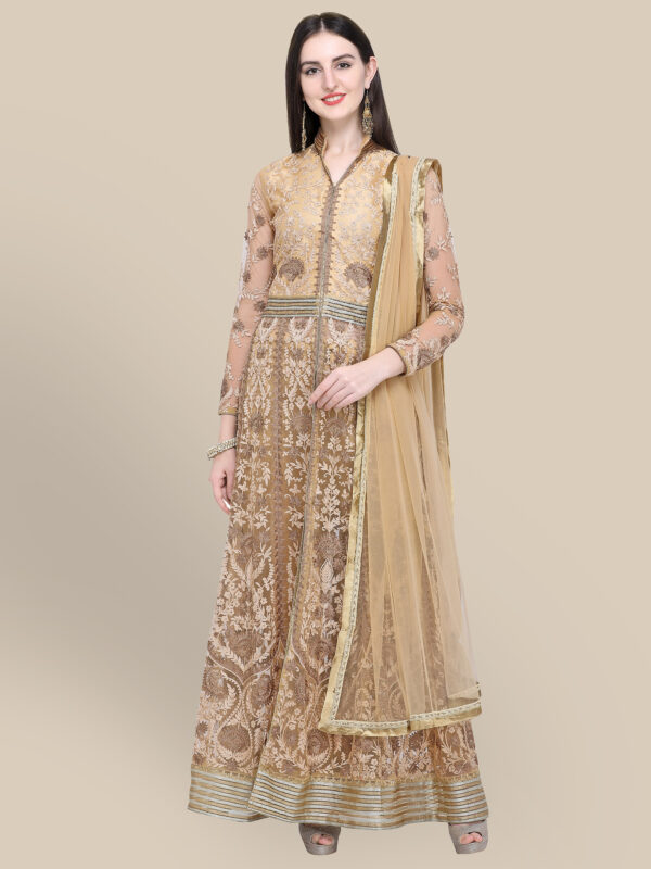 Stylee Lifestyle Beige Net Embroidered Dress Material