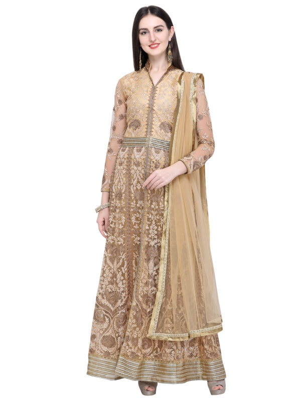 Stylee Lifestyle Beige Net Embroidered Dress Material