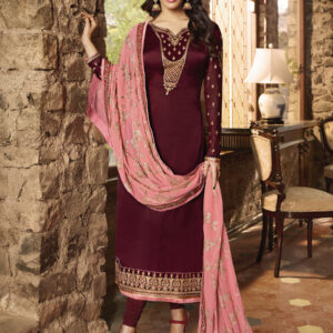 Stylee Lifestyle Maroon Satin Embroidered Dress Material