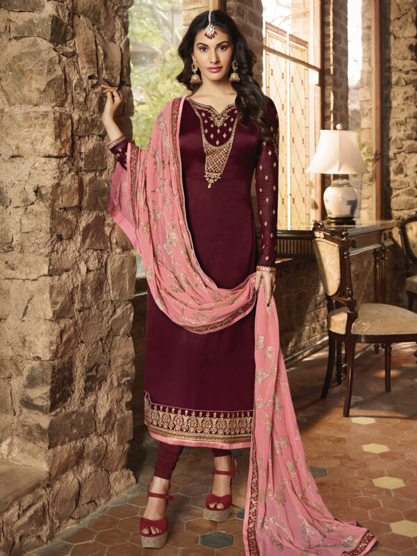 Stylee Lifestyle Maroon Satin Embroidered Dress Material