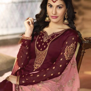 Stylee Lifestyle Maroon Satin Embroidered Dress Material