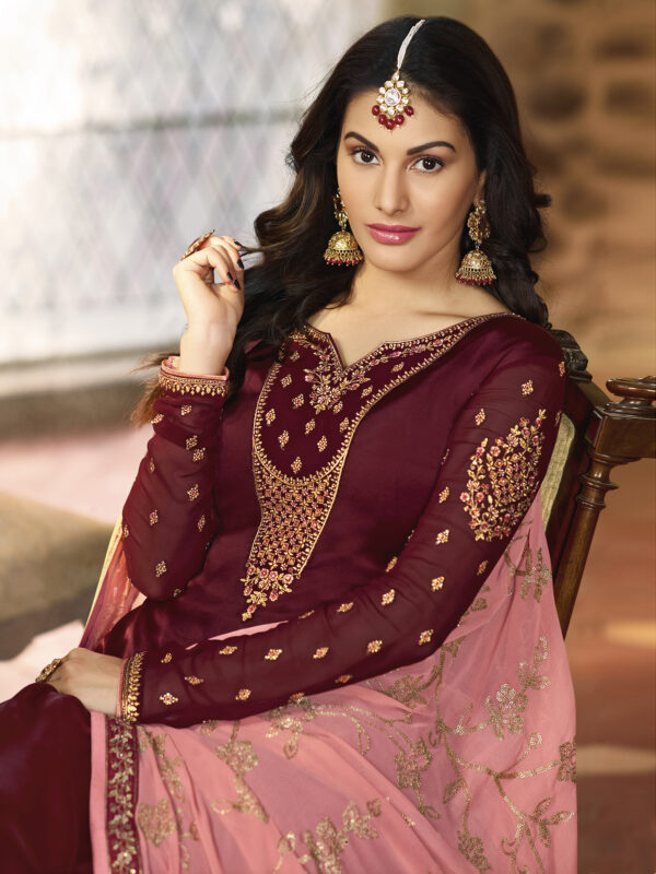 Stylee Lifestyle Maroon Satin Embroidered Dress Material