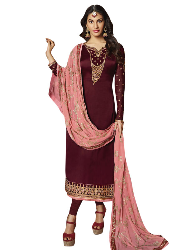 Stylee Lifestyle Maroon Satin Embroidered Dress Material